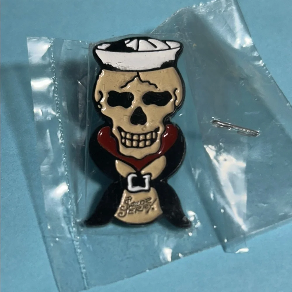 Sailor Jerry Spiced Rum Sailor Skull Ad pin, New Old stock